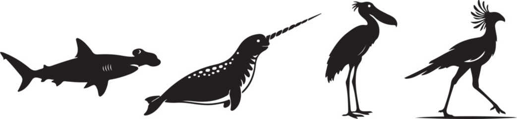 lack silhouette collection of exotic animals including hammerhead shark, narwhal whale, shoebill stork, and secretary bird, minimalist vector set isolated on white. © amodha