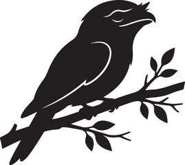 Obraz premium Black Silhouette of a Bird Perched on a Tree Branch with Leaves, Minimalist Avian Vector Illustration for Logos and Design.eps