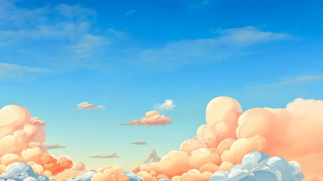 Cartoon-style rendering depicts a dreamy skyscape of fluffy, rounded clouds in a gradient blue