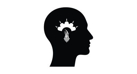 A black silhouette of a human head with a glowing lightbulb inside
