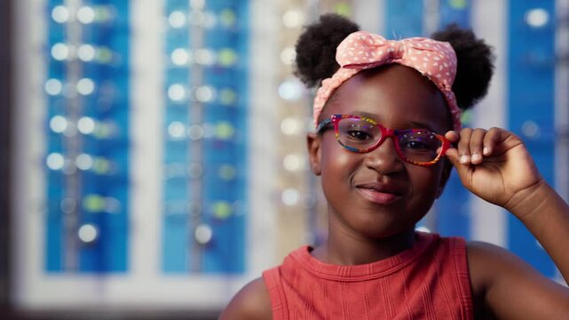 African girl child happily wearing new prescription glasses in eyeglasses shop