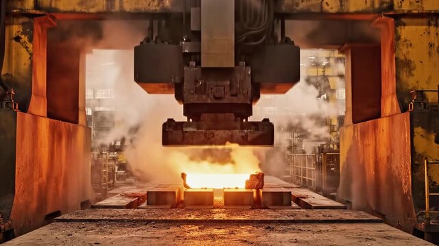 A furnace emitting bright light and smoke in an industrial setting with metal structures