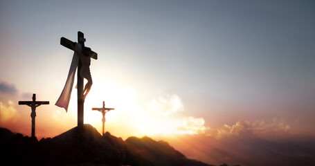 Calvary Hill, Golgotha, the cross symbolizing the death and resurrection of Jesus Christ and the backdrop of Holy Week 