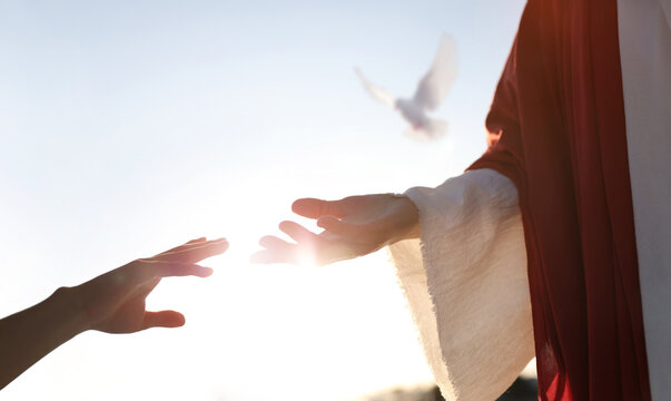 The hand of Jesus Christ, who holds the hand of a sinner, offering forgiveness and salvation, and the concept of faith and hope for heaven.
