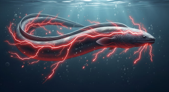 Illustration of an electric eel underwater with a red electric flash effect around its body, depicting natural electrical energy in the aquatic environment.