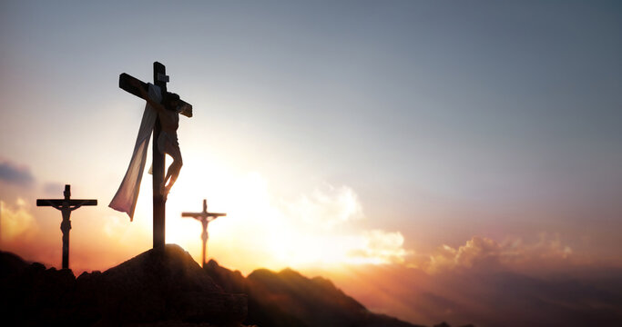 Calvary Hill, Golgotha, the cross symbolizing the death and resurrection of Jesus Christ and the backdrop of Holy Week
