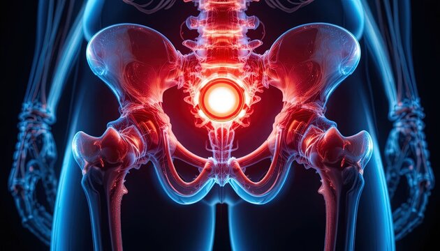 Illustration of Human Pelvis Anatomy with Sciatic Nerve Highlighted in Red, Blue Light, and Black Background