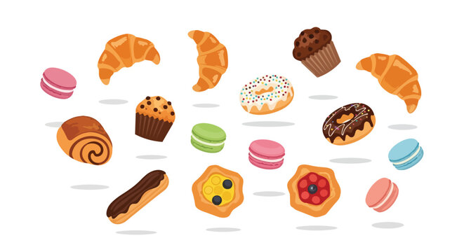 Set of Delicious Assorted Bakery Items and Colorful French Macarons