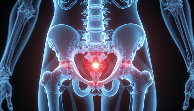Human Pelvis Skeleton X-Ray View with Pain Indication in Red, Medical Illustration for Anatomy, Orthopedics, and Healthcare.