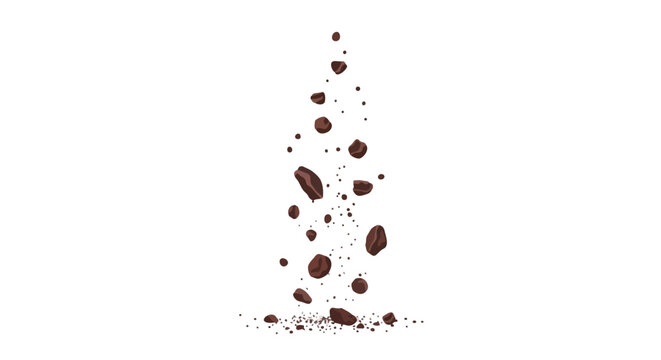 Falling Chocolate Chunks and Cocoa Crumbs Isolated on White Background