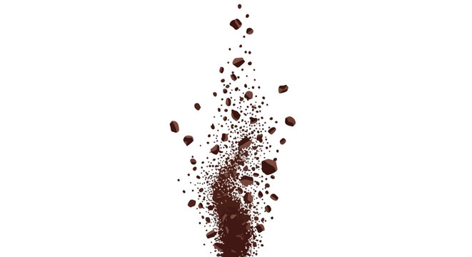 Explosion of chocolate chunks and cocoa powder particles on white background