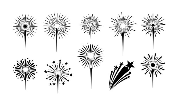Fireworks vector set in black and white with various explosion patterns for celebration isolated on transparent background