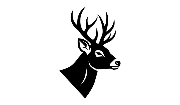 Side view deer head vector silhouette with antlers black and white nature icon isolated on transparent background