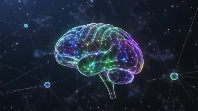 A glowing multicolored brain of vibrant lines and nodes against a dark network background, symbolizing artificial intelligence, cognition, and the complexity of interconnected thought.