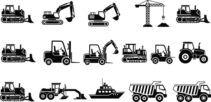 Black Vector Icons Set of Heavy Construction Machinery Including Excavator Bulldozer Forklift Crane Dump Truck Grader Tractor and Industrial Ship
