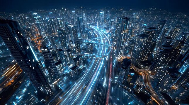 Illuminated Cityscape at Night with Streaks of Light from Traffic Movement