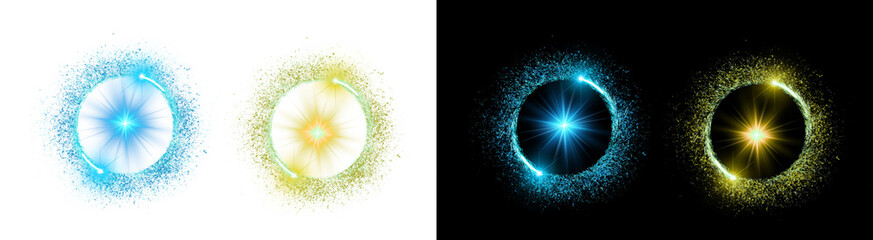 PNG image of Energetic blue and golden glowing particle effects with sparkling dust rings and bright central flares on transparent background. © rehena