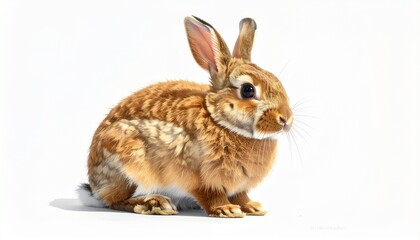 Obraz premium A cute brown rabbit with soft fur and long ears sitting on a white background, presented as a beautiful studio portrait
