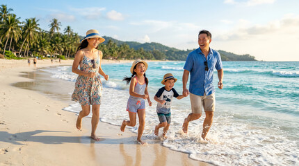 Happy Asian family enjoying a tropical beach vacation, joyful smiles, casual summer clothes, beach hats and sunglasses, playful atmosphere © Riki Rudd