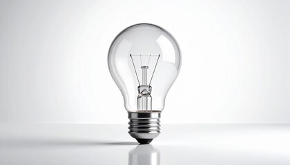 A clear, bright incandescent light bulb on a reflective white surface, symbolizing new ideas, innovation, and creativity