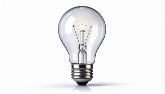A classic clear incandescent light bulb stands upright, symbolizing a bright new idea, innovation, or a flash of insight waiting to be ignited, set against a pristine white background