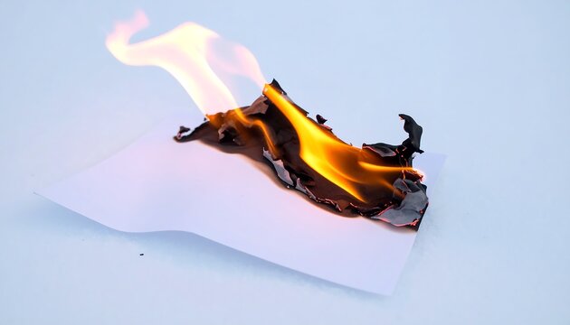 A sheet of paper is burning with bright orange flames, lying on a white surface