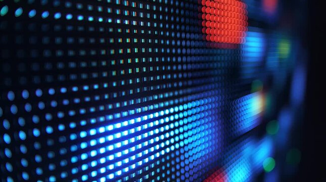 Abstract display of many small, brightly lit dots in shades of blue, red, and green, creating a luminous and technological background effect