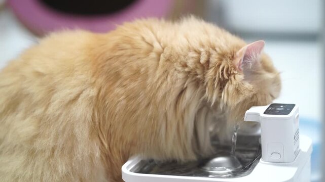 Fluffy orange cat with long fur drinking water from automatic pet fountain, relaxed indoor scene, close up of domestic feline animal hydration, fluffy pet enjoying healthy water in home environment