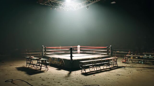 A spotlight illuminates a boxing ring in a dimly lit arena, benches and tables surround it
