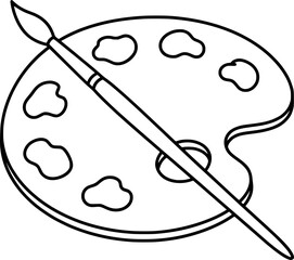One continuous line of an artist's palette with paints and an art brush. Line art of a palette and a paint brush.
