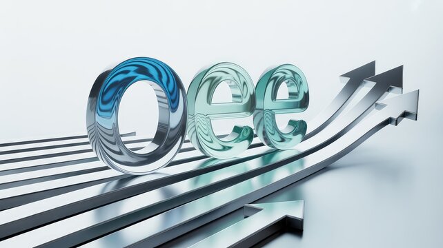 Glossy Oee letters for efficiency ascend on silver arrows in a bright clean setting portraying business growth and continuous improvement