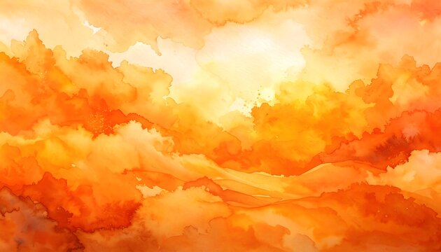 An abstract watercolor painting of orange and yellow clouds with a vibrant sunlight effect. The colors merge