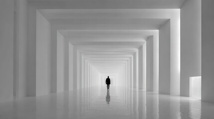 Fototapeta premium uturistic endless white room corridor, symmetrical composition, low angle hyper-realistic scene