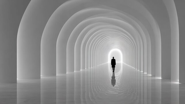 uturistic endless white room corridor, symmetrical composition, low angle hyper-realistic scene