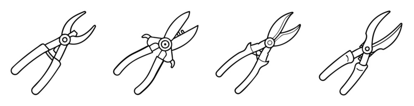 Four different styles of pruning shears in black outline on white background