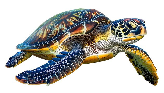 A sea turtle with detailed, mottled shell pattern and dark-blue and yellow mottled flippers isolated on white