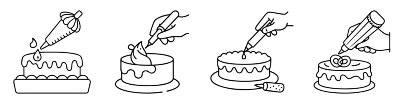 Cake decorating process with pastry bag and icing tubes black outline