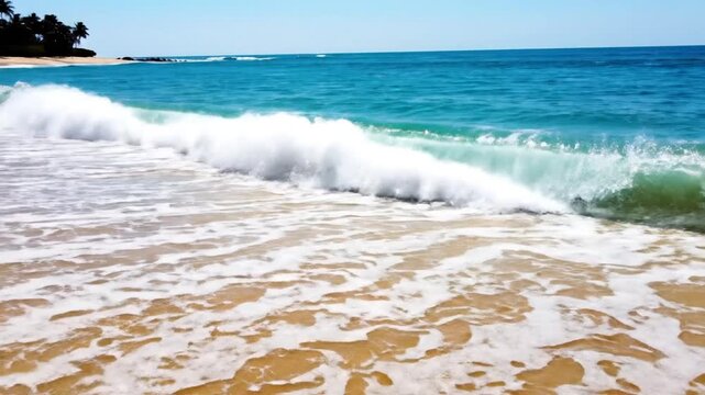 Gentle ocean waves wash onto a sandy shore under a clear sky