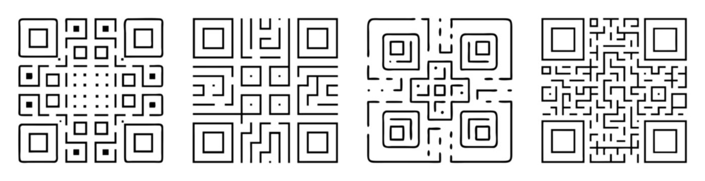 Four distinct variations of QR codes displayed in black and white