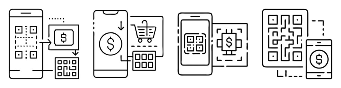 Mobile Payment Methods Including QR Code Scanning, Shopping Cart and Dollar Sign