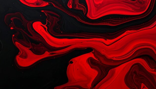 Abstract swirling mix of dark black and vibrant red paints creating fluid patterns and textures