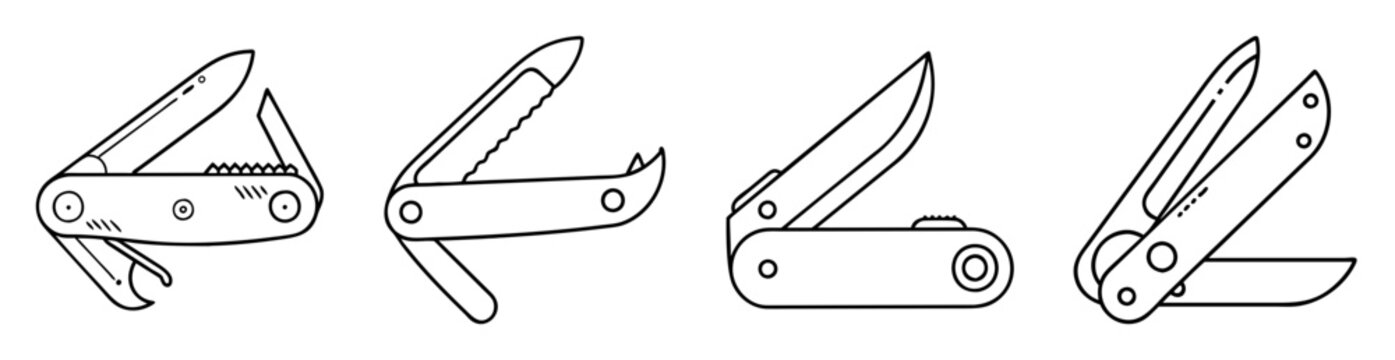 Line art illustrations depicting different styles and functionalities of folding knives