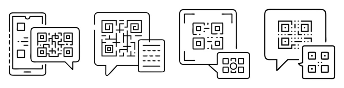 Various line art depictions of QR codes and phone screens in speech bubbles