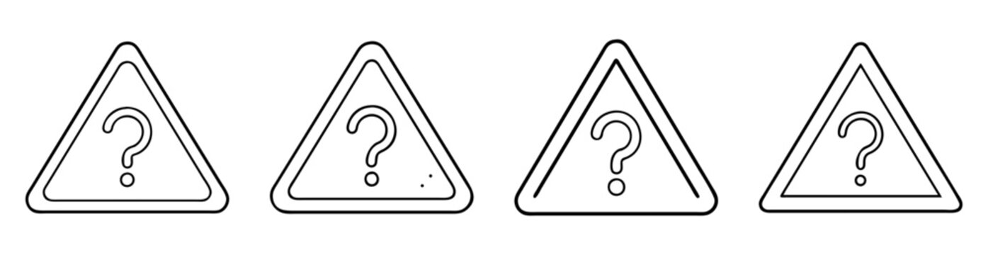 Black and White Line Art of Four Triangle Warning Signs with Question Marks