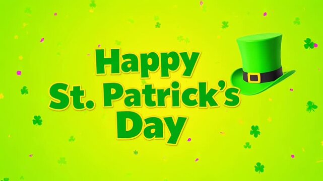 Bright St. Patrick s Day Background with Green Hat  Leaf Clovers  and Festive Happy St. Patrick s Day Lettering