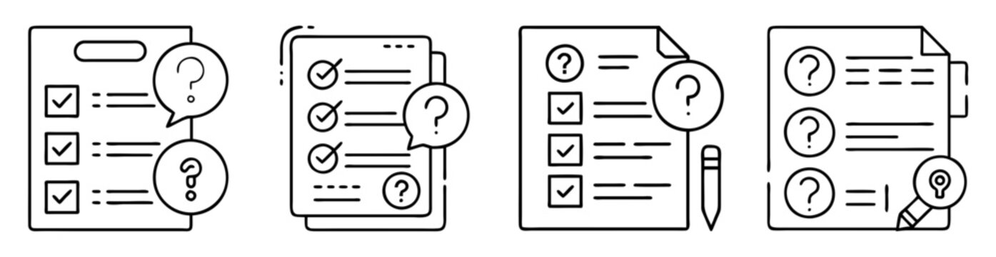 checklist and survey icons with question marks and magnifying glass concept