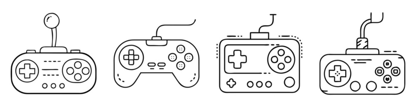 Four different vintage video game controllers outline black and white drawing