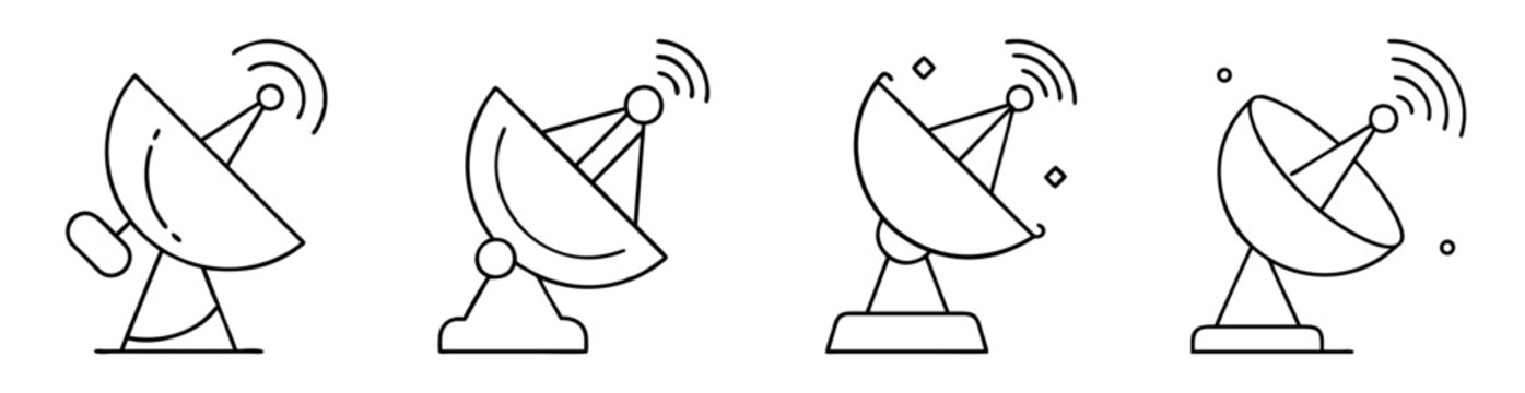 Four distinct antenna illustrations representing various communication and technology themes