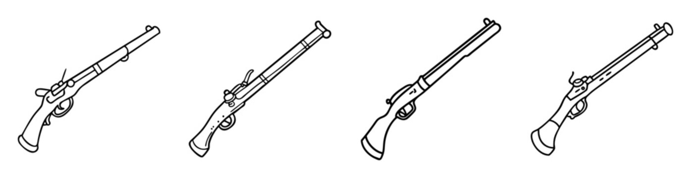 Various styles of a black and white flintlock rifle illustrations
