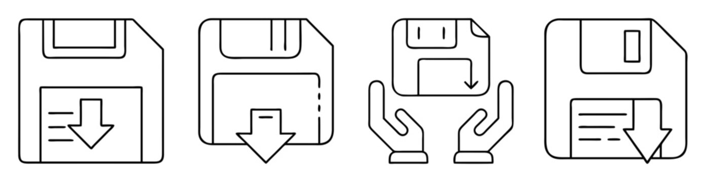 Set of icons representing floppy disk download, data storage and file saving